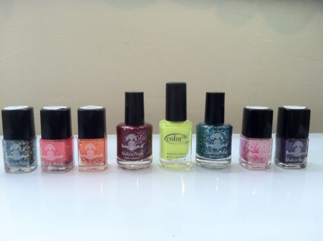 L-R "Take A Chill Pill", "Tainted Love", "Rock The Casbah", "Yo-Ho Yo-Ho A Pirates Life For Me", Color Club "Volt of Light", "Spank You Very Much",  "It's So Fluffy, I'm Gonna Die", and "Dark Passenger"